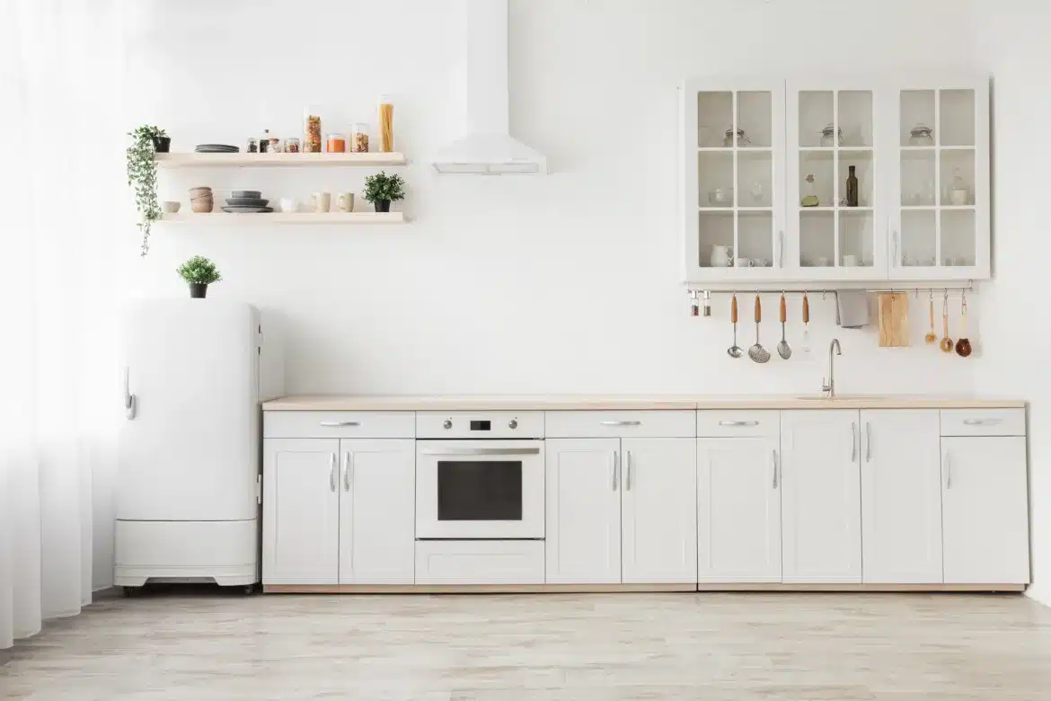 Minimal,Light,Scandinavian,Kitchen,Interior.,White,Furniture,With,Utensils,,Shelves