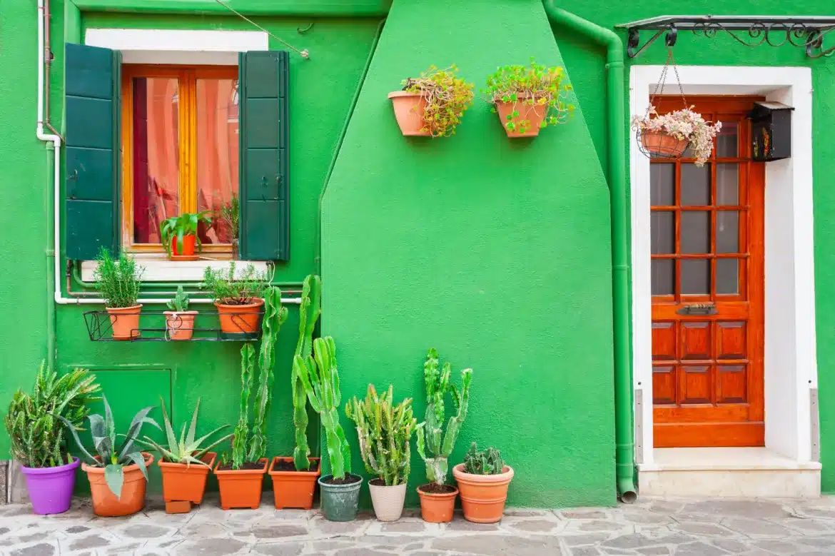 Green,Facade,Of,The,House,With,Green,Flowers.,Colorful,Architecture